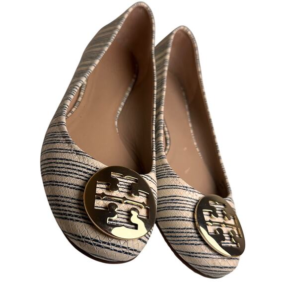 Tory Burch White Blue Striped Snake Leather Gold Logo Reva Ballet Flats Sz 11 M - Picture 1 of 15